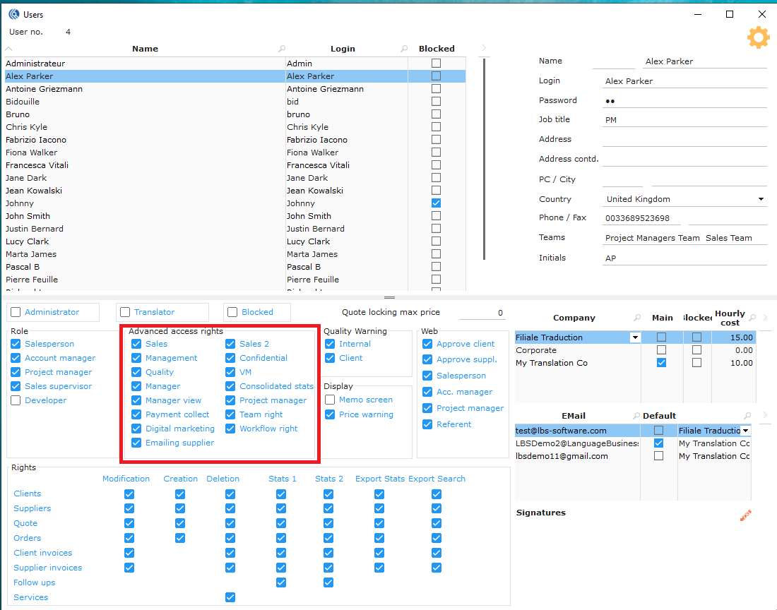 Advanced access rights settings